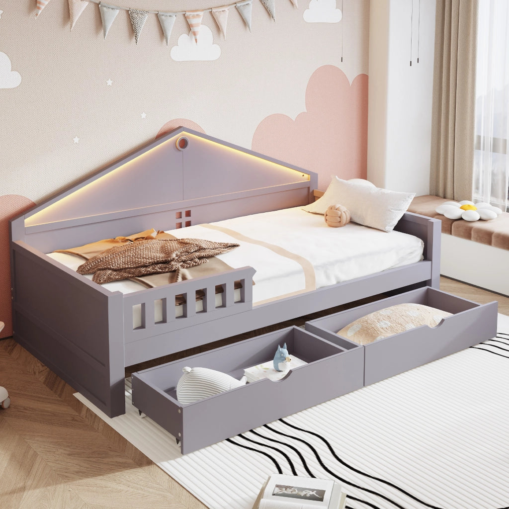 DESMIU Letto Singolo 1 Posto con 2 Cassetti e Barra Luminosa, Superficie Letto 90 × 200 cm, Senza Materasso, Grigio