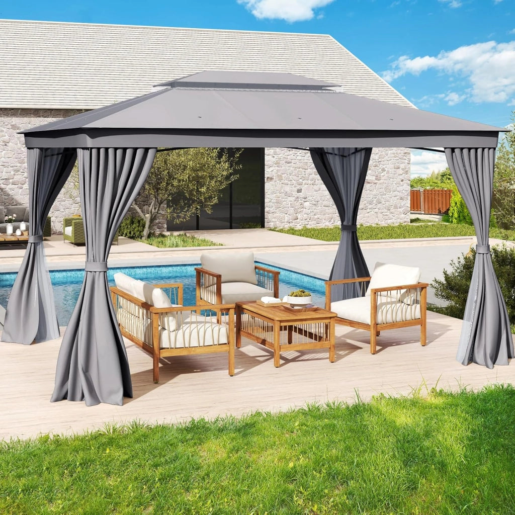 Gazebo da Giardino 397 x 296 cm, Gazebo da Esterno con Zanzariere, Tende, Struttura in Metallo Resistente, con Tetto Impermeabile a Due Strati, per Patio, Giardino e Cortile