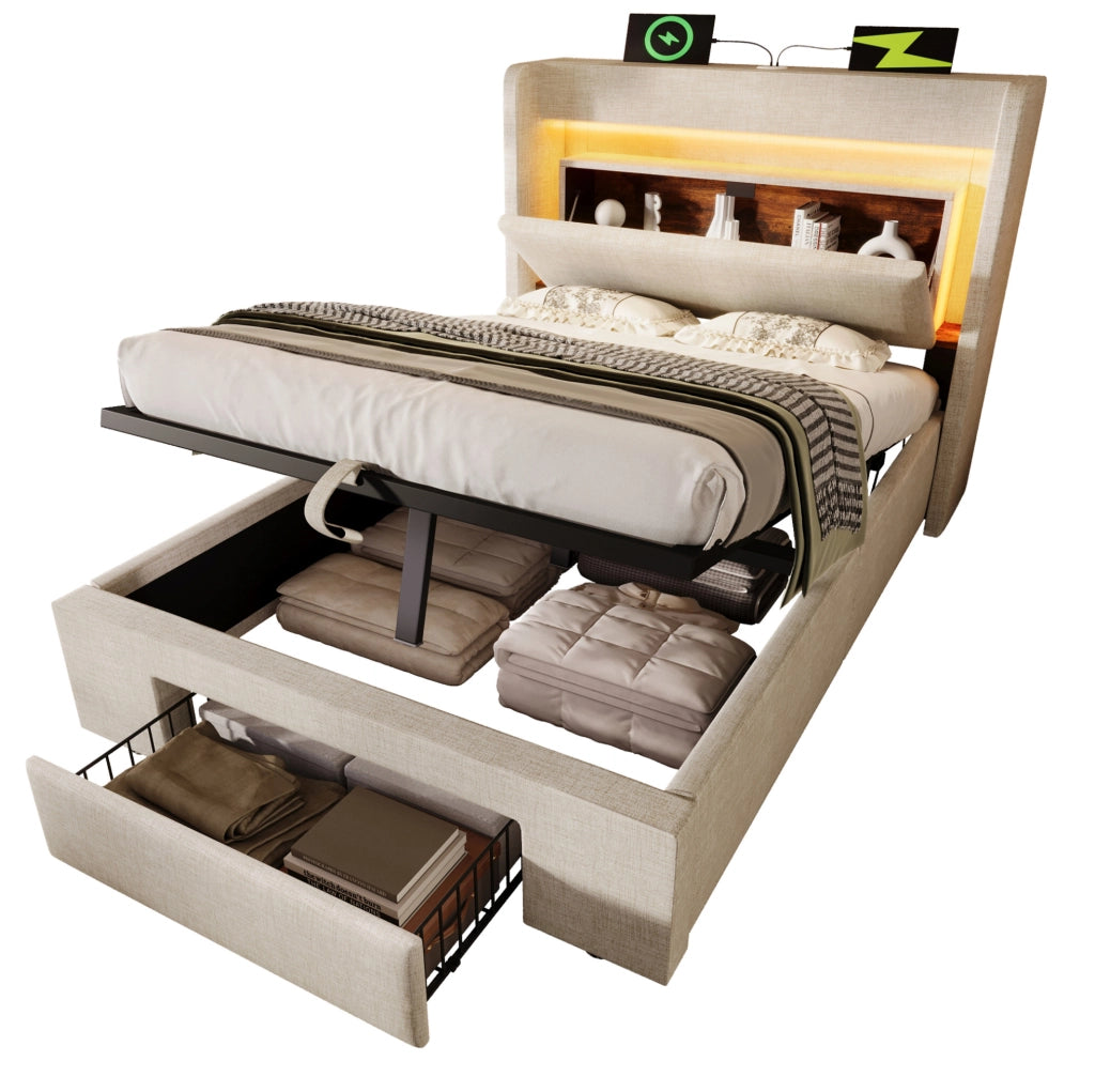 Letto imbottito 90x200 cm con contenitore idraulico; LED; USB e USB-C; beige; con materasso
