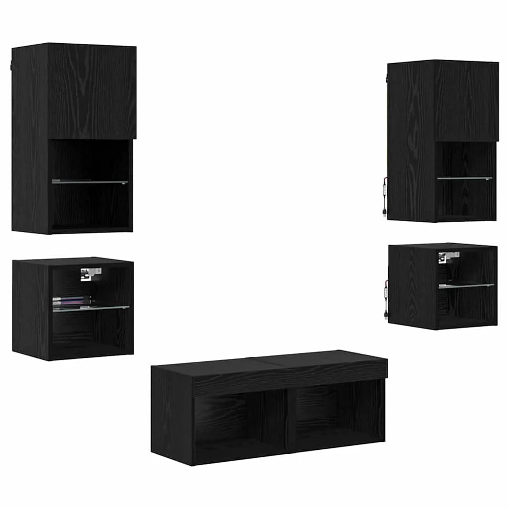 Mobile TV moderno da parete 30,5 x 30 x 60 cm con illuminazione a LED e 8 ripiani design contemporaneo in legno ingegnerizzato nero 02_0056084