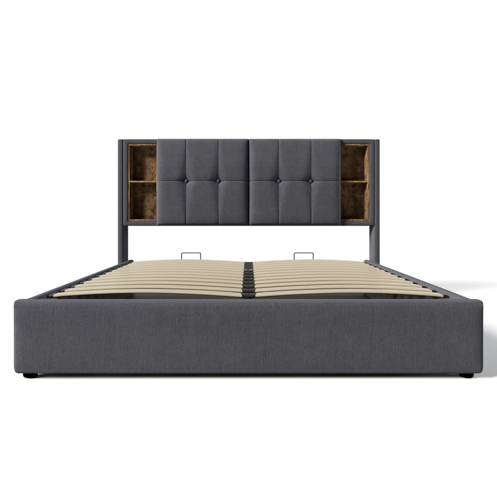 Letto contenitore matrimoniale 140×200 cm con ricarica wireless; USB e Type-C; materasso incluso; cotone; grigio