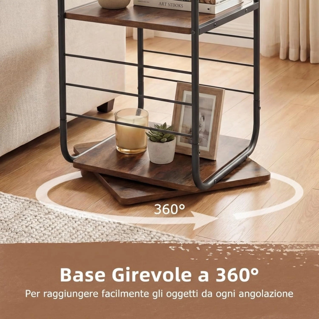 Supporto Giradischi Girevole a 4 Ripiani, Porta Dischi Rotante a 360° con Struttura in Metallo, Scaffale d'Angolo Salvaspazio per Casa, Ufficio e Soggiorno, 40x40x115 cm (Marrone)