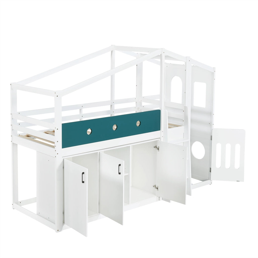 Letto a Soppalco 90 x 200 cm - Casetta; Armadio Contenitore e Scala - Bianco