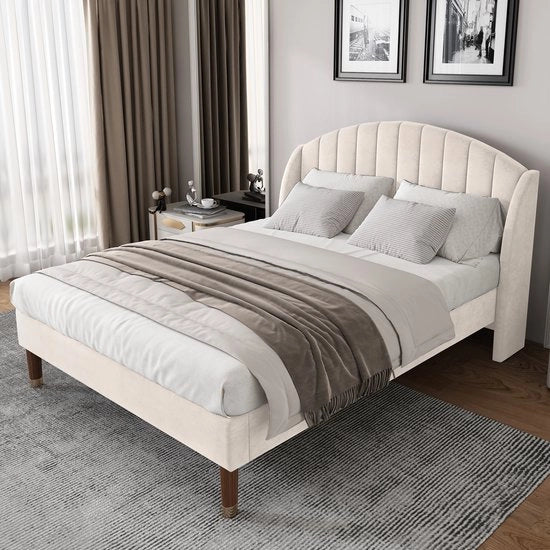 Letto a due posti, Beige (senza materasso), 140*200 cm, con fondo a gratacie e cuscino testiera, velluto, facile da montare, per adulti e ragazzi