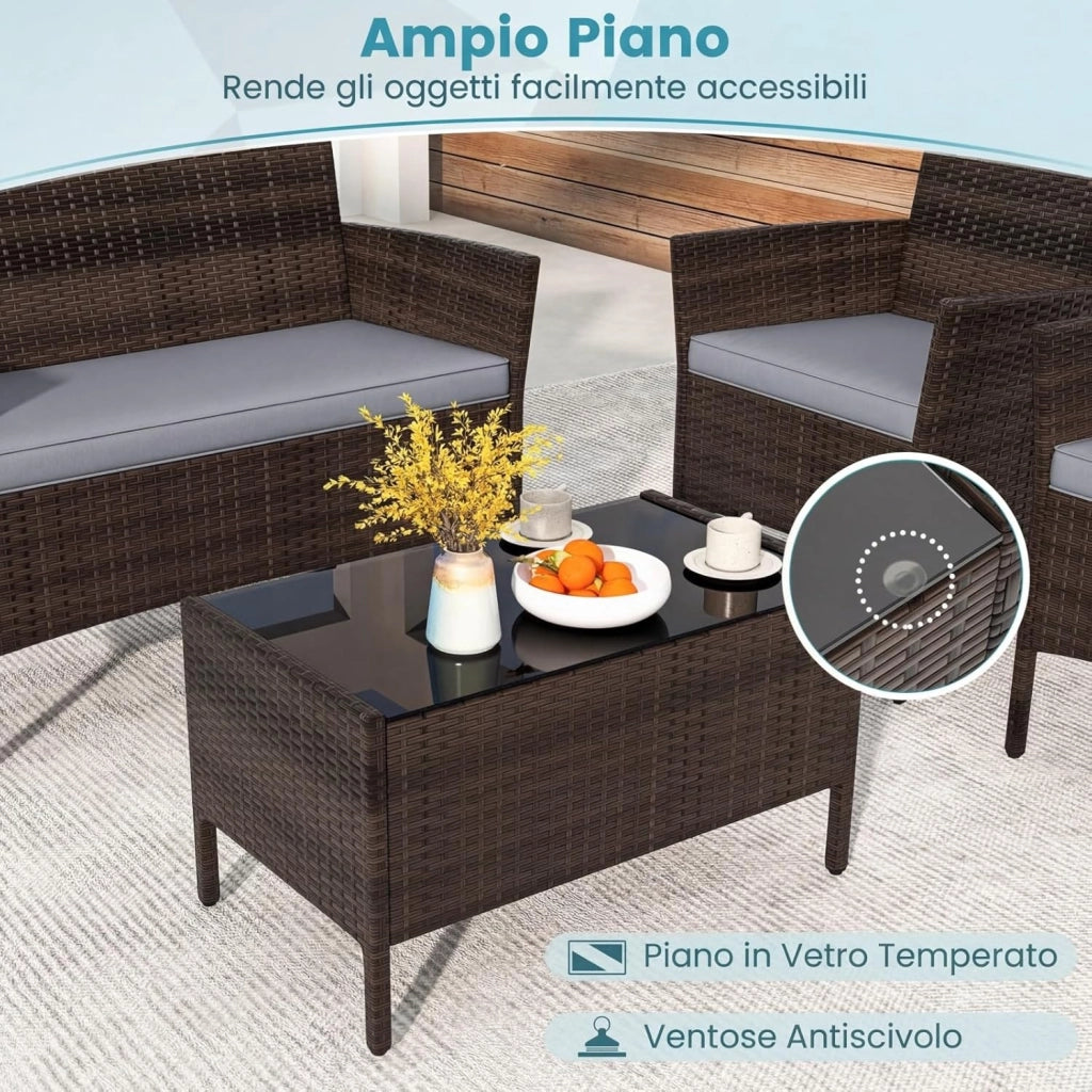 Salotto da Giardino Esterno 4 Pezzi, Set Giardino Esterno con Divanetto, 2 Poltrone e Tavolino da Caffè in Vetro Temperato, Salotto da Patio con Cuscini per Balcone, Veranda (Marrone+Grigio)