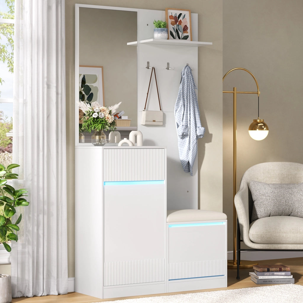Mobile da ingresso con scarpiera panca specchio e LED controllabile tramite app bianco 105 × 38 × 190 cm
