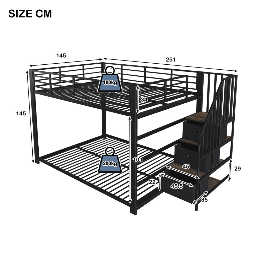 Letto a castello 140 x 200 cm in MDF e metallo con scala reversibile; LED e prese USB; nero