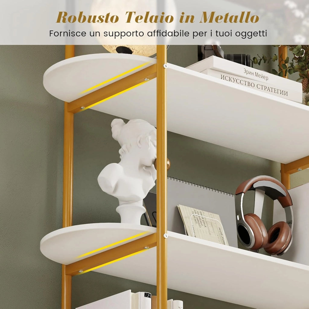 Libreria a Forma di Arco a 4 Ripiani, Scaffale Portaoggetti Aperta con Struttura Metallica, Organizer Espositivo Autoportante per Soggiorno, Ufficio e Camera da Letto, 95x34x156cm (Bianco)