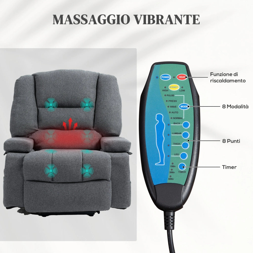 Poltrona Alzapersona Reclinabile a 135° 8 Punti Massaggianti in Tessuto Effetto Lino Grigio