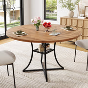 Tavolo da pranzo rotondo per 4-6 persone con ripiano aperto, in MDF effetto noce e metallo nero, 100 × 100 × 75 cm