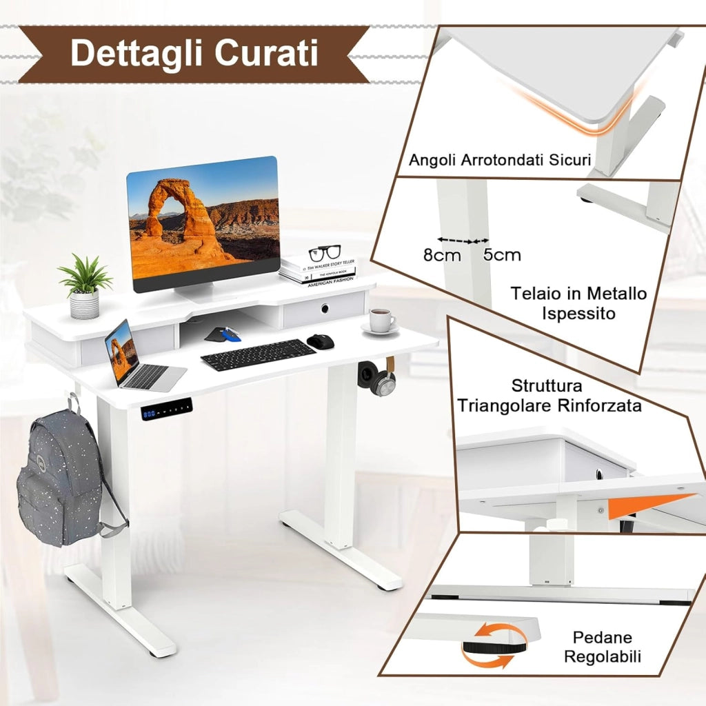 Scrivania Regolabile in Altezza con 2 Cassetti, Scrivania con Supporto per Monitor, Mensola, 2 Ganci e 3 Altezze Preimpostate, Tavolo da Lavoro per Ufficio, Studio e Camera da Letto (Bianco)
