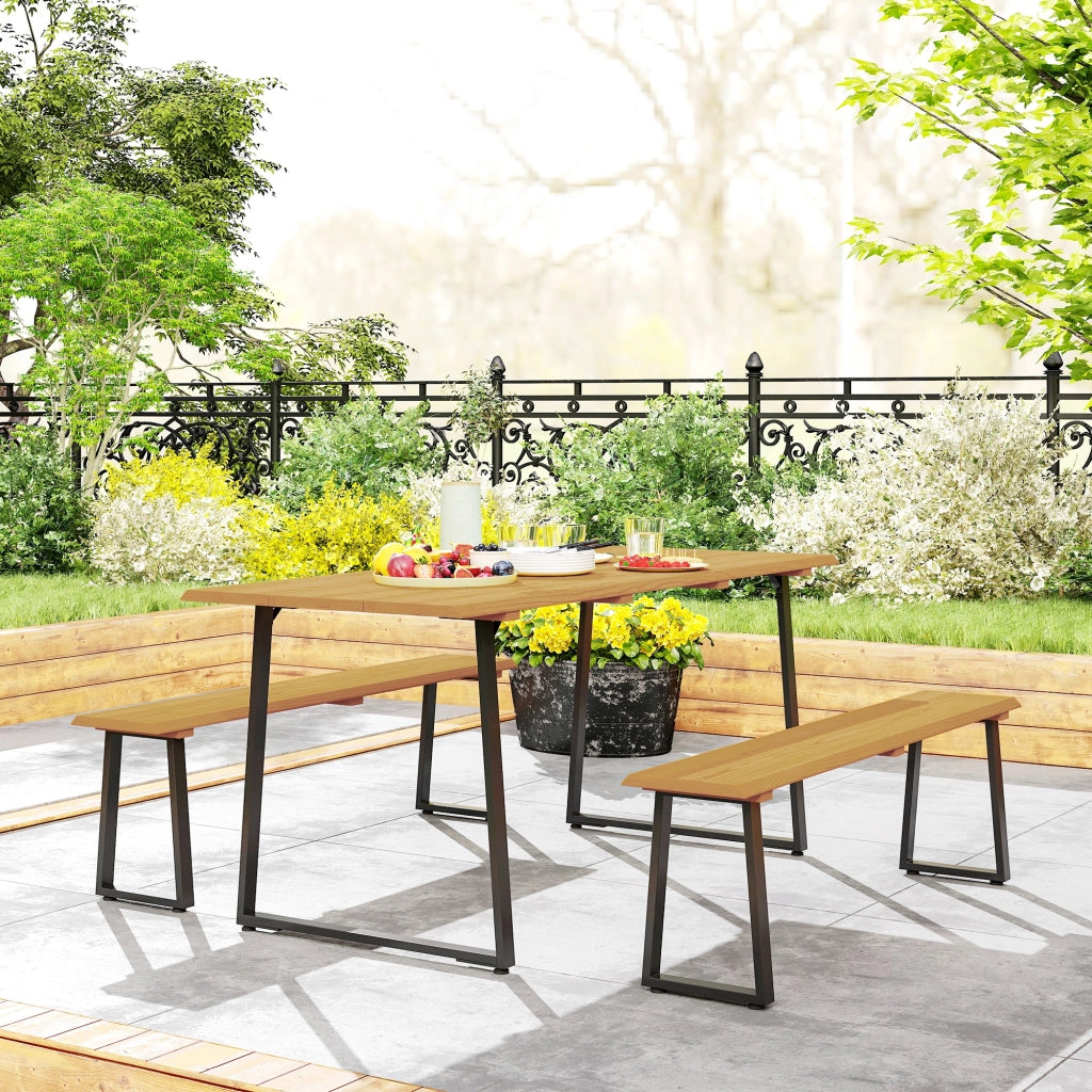 Mobili da giardino in legno a 3 pezzi: tavolo da pranzo + 2 panche; foro per ombrellone; 178x76x77 cm; legno naturale