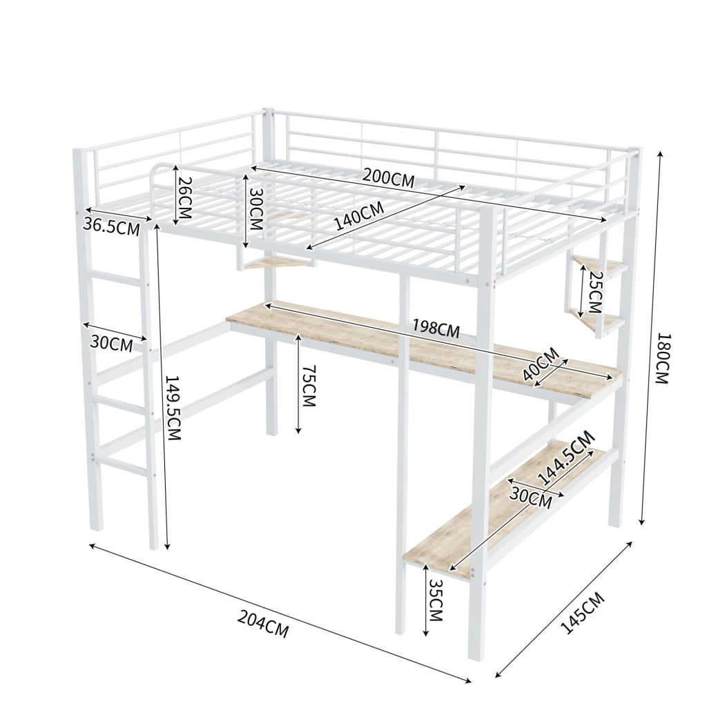 Letto a soppalco in metallo bianco 140x200 cm con scrivania e scaffali integrati