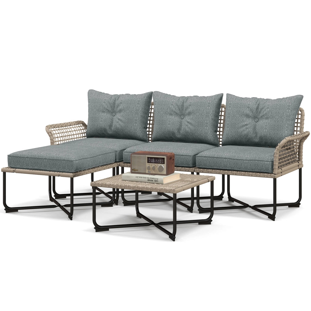 Set da Giardino 5 Pezzi in Rattan con 2 Sedie Laterali, Sedia Centrale e 2 Sgabelli/Tavolini da Caff¨¨