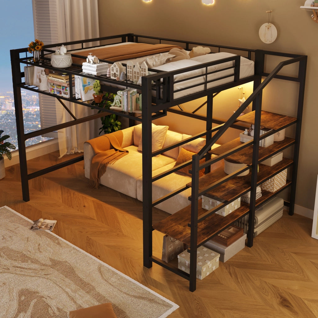 Letto a soppalco ULEVR 140x200 cm con LED dimmerabile, scala con ripiani e vano aperto, nero