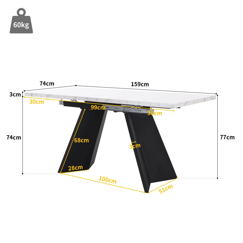 Tavolo allungabile con piano effetto marmo, in MDF e metallo, per cucina e soggiorno, bianco nero, 159 × 74 × 77 cm