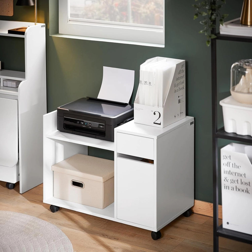 Cassettiera Scrivania con Ruote Mobiletto Ufficio Salvaspazio con Cassetto e Anta Supporto Stampante Schedario da Ufficio Bianco 72x40x54 cm ASK02-W