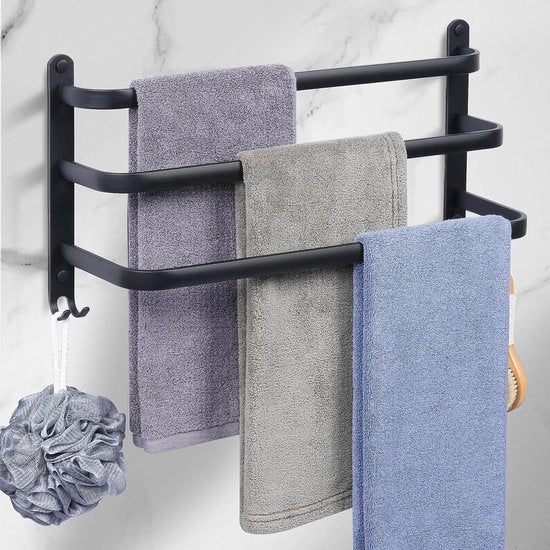Supporto per asciugamani a tre livelli - Nero Montaggio a parete in alluminio per bagno e cucina