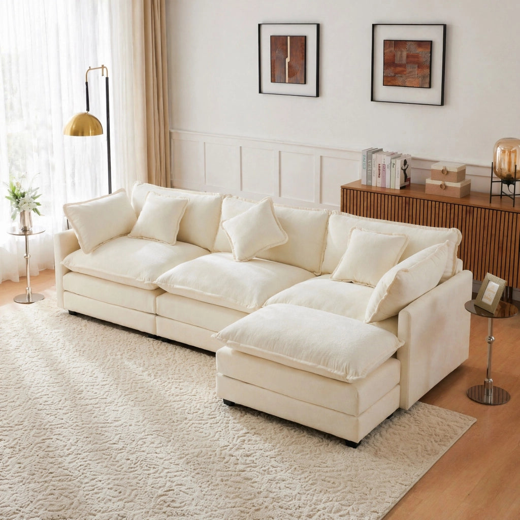 SOFA Angolare L 283x147x84 cm in ciniglia beige con pouf mobile
