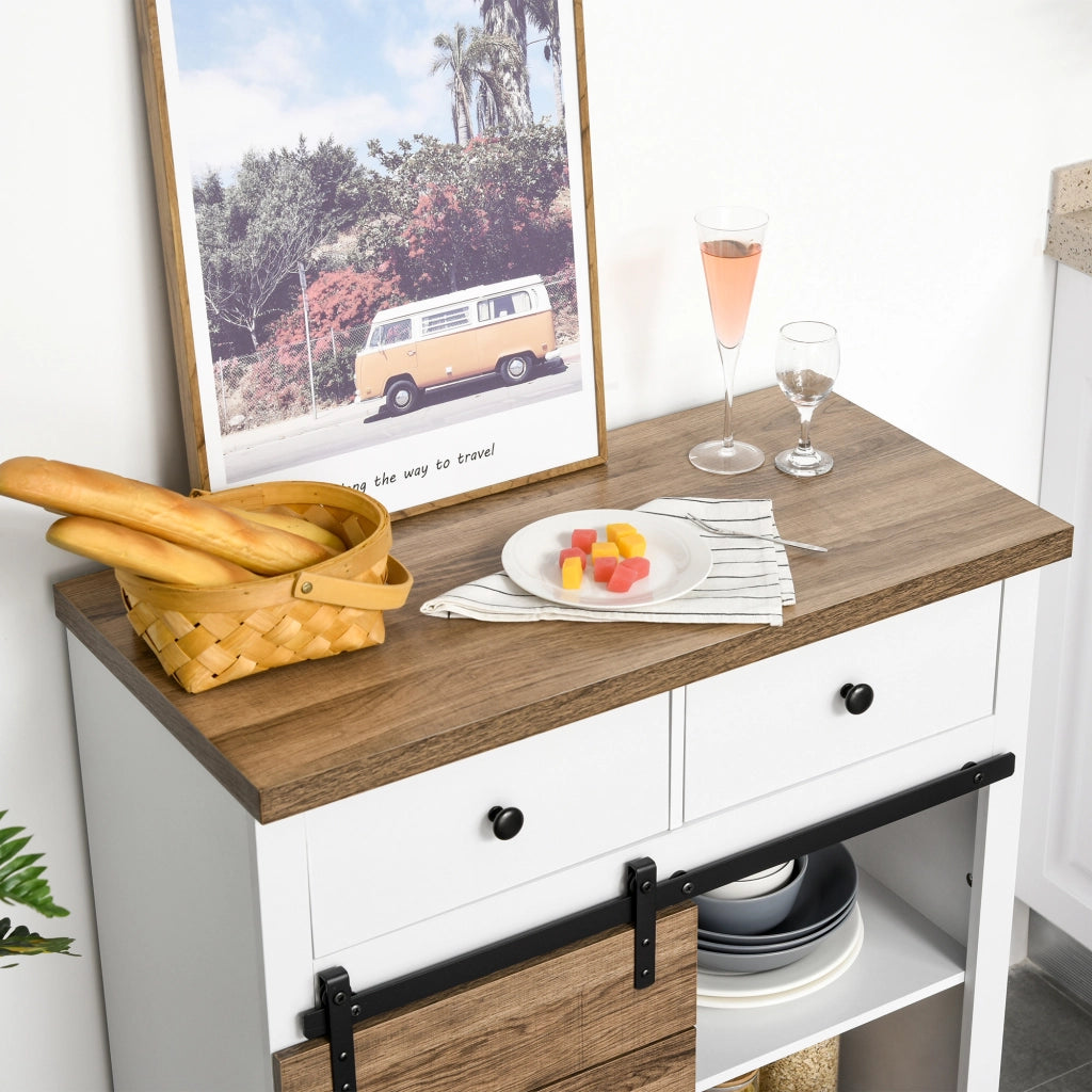 Mobile da Cucina Rustico con 2 Cassetti, Ripiani Aperti e Portabottiglie, in Legno e Metallo, 80x39x86 cm