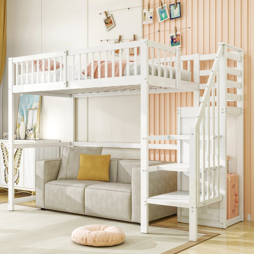 Letto a castello bianco in legno con scala e ripiano portaoggetti 90x200 cm