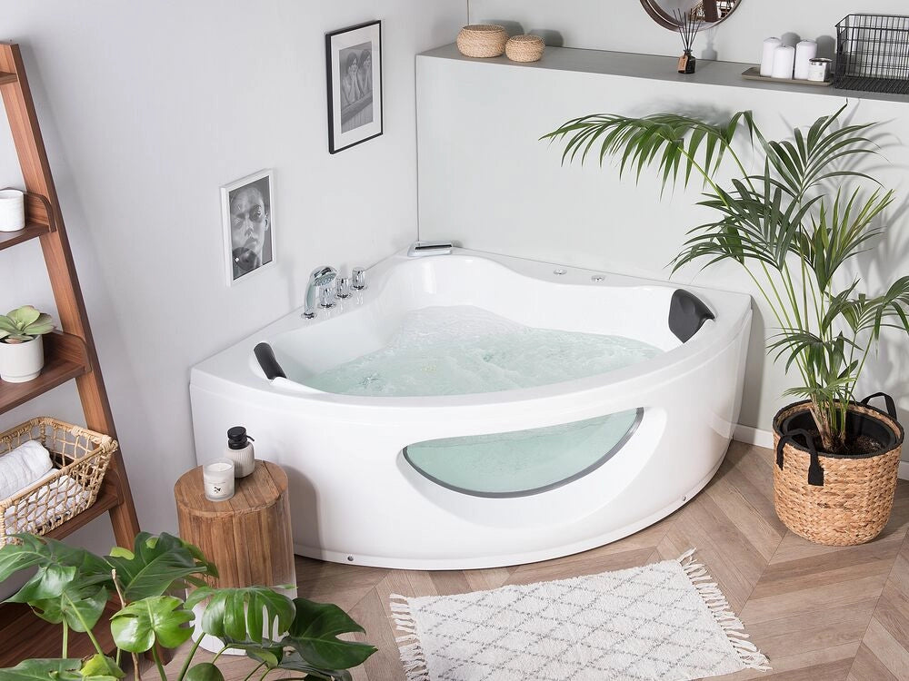 Vasca Idromassaggio Angolare Bianco Sanitario Acrilico con Luci LED 10 Getti Massaggio 205 x 146 cm Stile Moderno