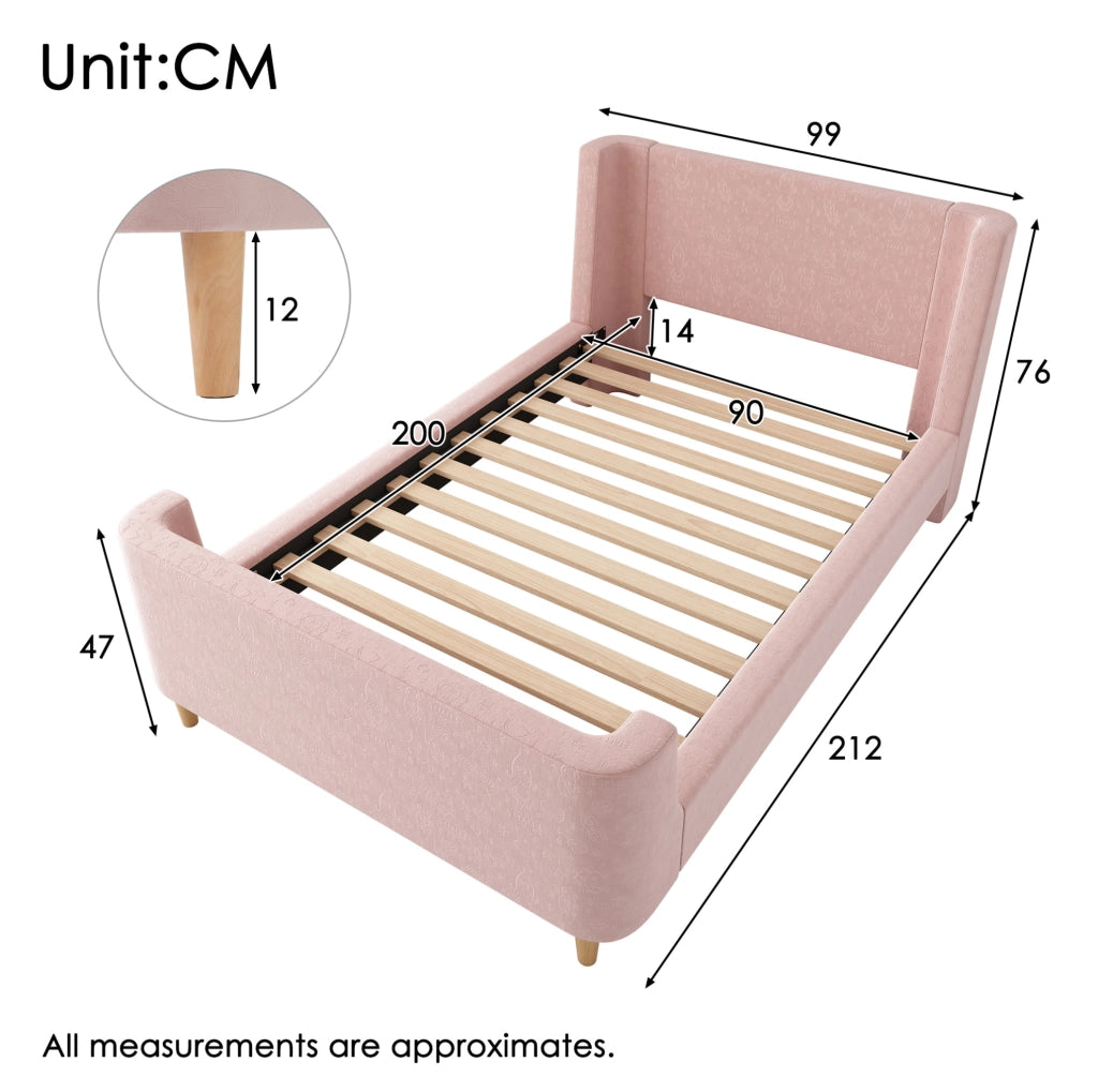 Letto singolo per bambini rosa 90x200 cm in velluto con motivo spaziale