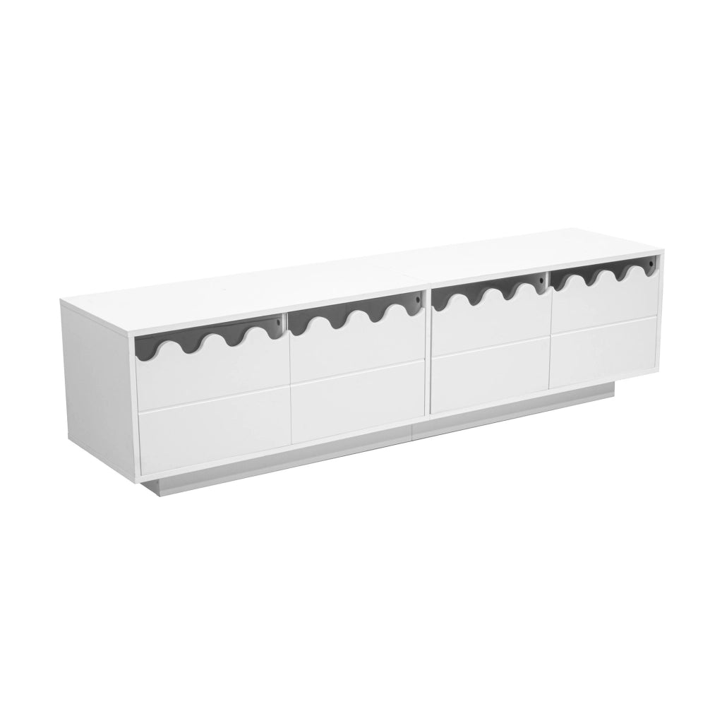 Mobile TV 170x40x45 cm con 4 ante e design ondulato in MDF e pannello truciolare bianco