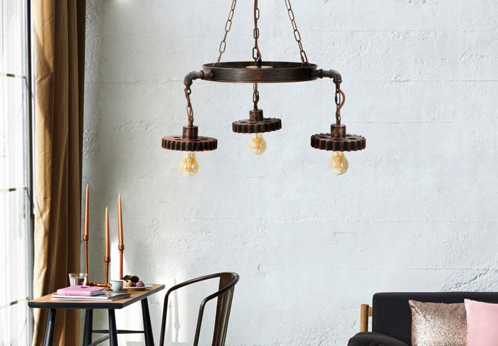 Lampadario Ingranaggio 3 Luci Ø54x104 cm in Ferro e Legno Nero e Rame