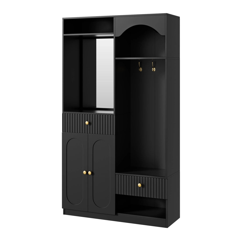 Garderoba da ingresso 100x35x180 cm con specchio; seduta e LED; MDF; nero