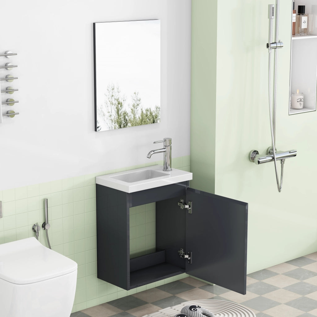 Mobile bagno con lavabo in ceramica e specchio; sospeso; senza maniglie con chiusura ammortizzata; in MDF; grigio
