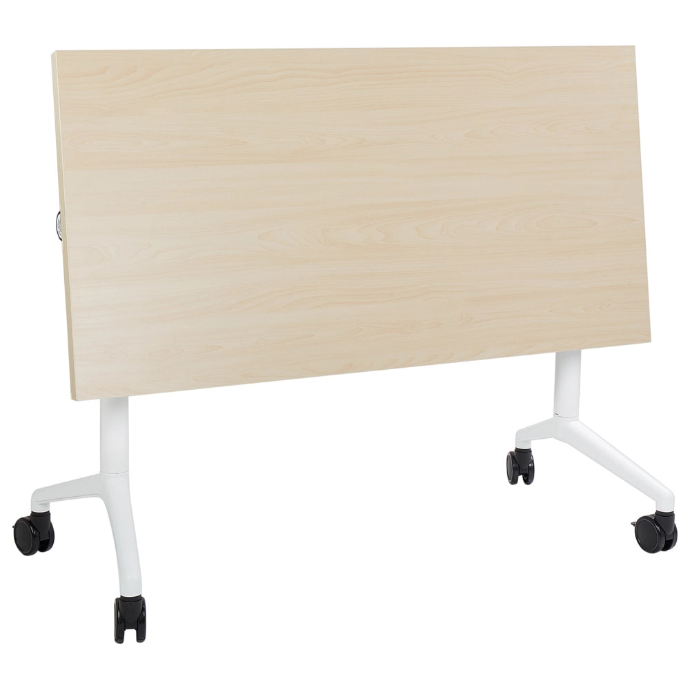 Scrivania rettangolare pieghevole con rotelle portatile con struttura in metallo legno chiaro e bianco 120 x 60 cm stile moderno