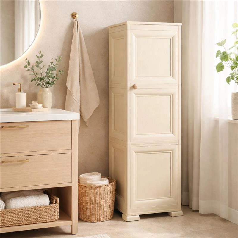 MOBILE IN PLASTICA ELEGANTE 3 MODULI ANGORA 40X43X125 CM CON ANTE EFFETTO LEGNO – CONTENITORE VERTICALE SALVASPAZIO DESIGN