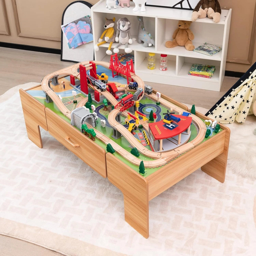 Tavolo e Set Treno Giocattolo in Legno, Set da Gioco Creativo Treni e Binari per Bambini con 100 Pezzi, Trenino per Bambini Anni 3+