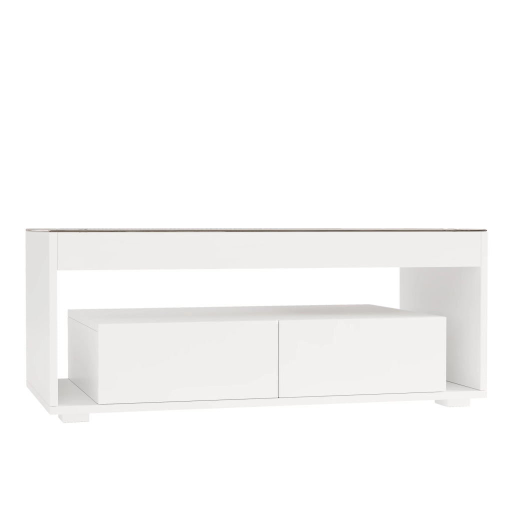 Tavolino da salotto moderno 100x50x40 cm in truciolare bianco con LED e piano in vetro temperato