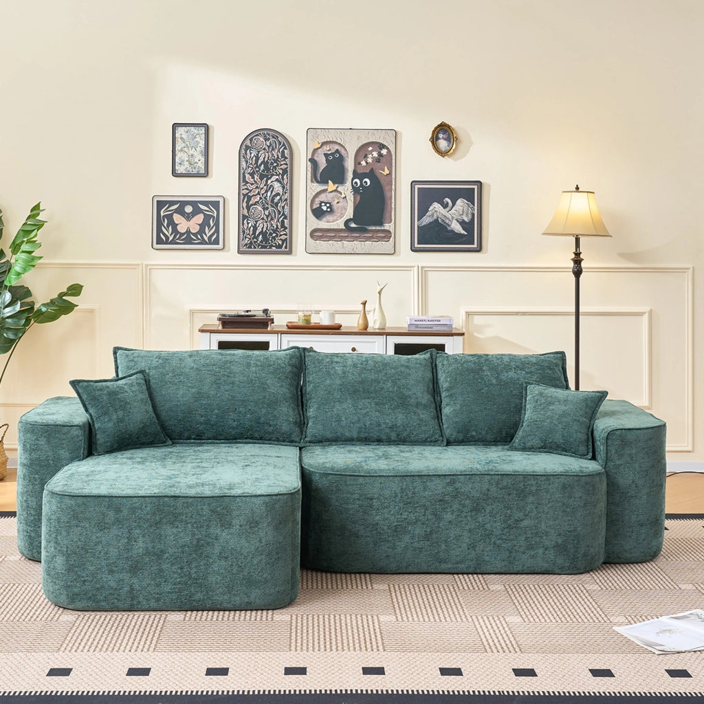 Divano angolare modulare con chaise longue, senza montaggio, tasche laterali, in Ciniglia Verde 262 × 144 × 65 cm