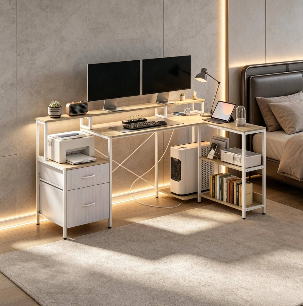 Scrivania angolare 172 cm con LED RGB, prese USB/USB-C, supporto monitor e 2 cassetti
