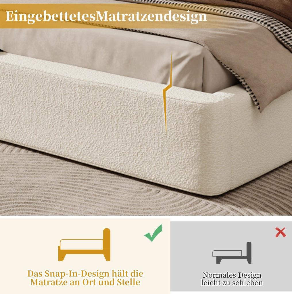 Letto imbottito con contenitore idraulico in bouclé beige
