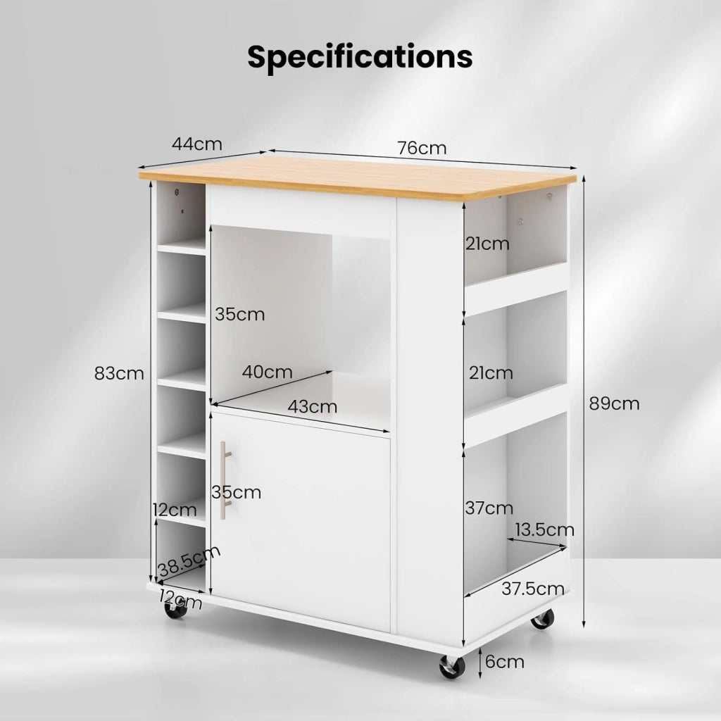 Carrello da cucina su rotelle, carrello da portata con piano di lavoro, isola da cucina mobile, in legno, con scaffale per vino e porta asciugamani e portaspezie, carrello da cucina bianco
