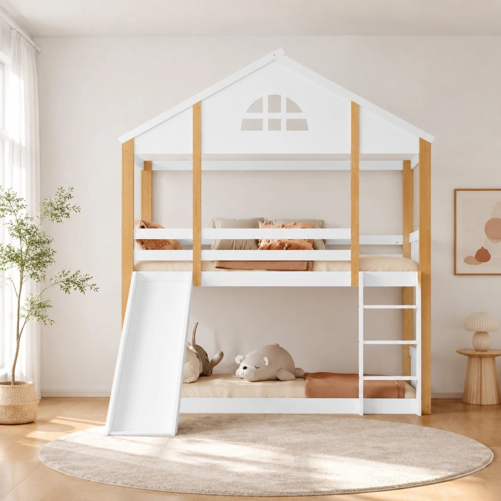 Letto a castello con scivolo e scala reversibile, bianco e naturale