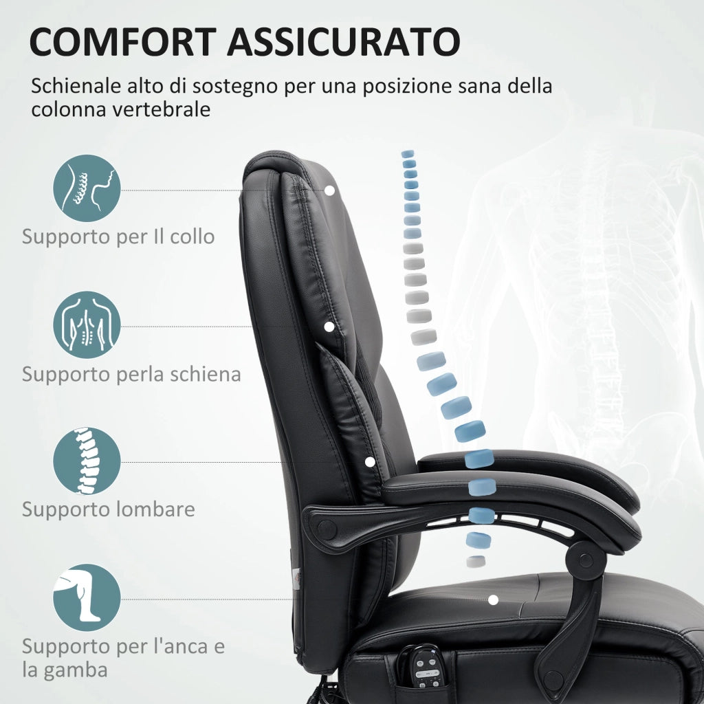 Sedia da Ufficio Massaggiante e Riscaldata Poggiapiedi in Pelle PU Nero