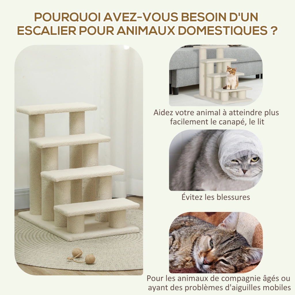 Scala per Animali Domestici 4 Gradini ¨C Xylo ¨C Effetto Lana Boucl¨¦ Crema 61x41x60cm