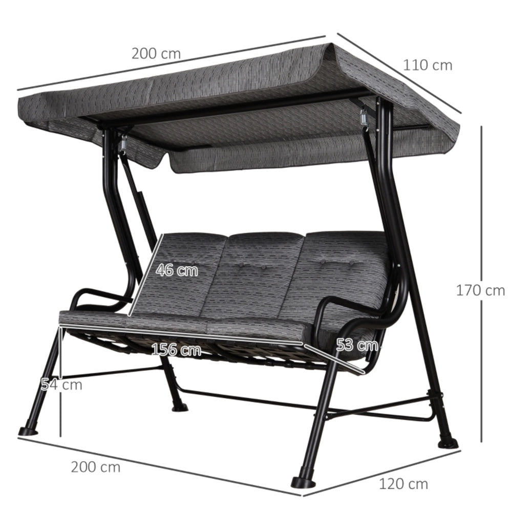 ALTALENA DA GIARDINO 3 POSTI 200 x 120 x 170 cm Acciaio Nero Tettuccio regolabile