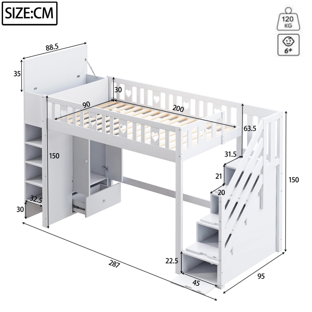 Letto a soppalco 90x200 cm con scala contenitore e ripiani
