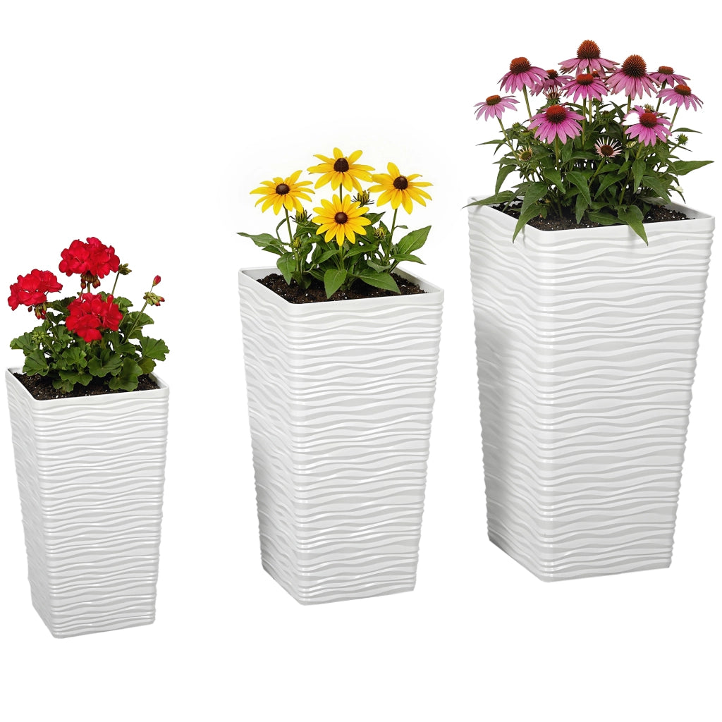 Set 3 Vasi da Esterno Impilabili con Motivo Ondulato in Plastica, 42/55/65 cm, Bianco