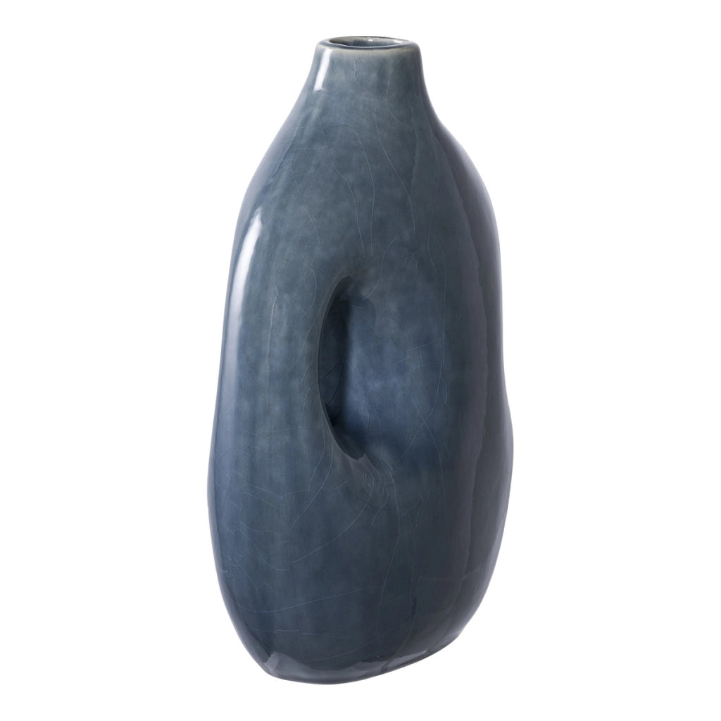 Vaso in ceramica blu con forma organica e manico 18,5x9,5x24,5 cm