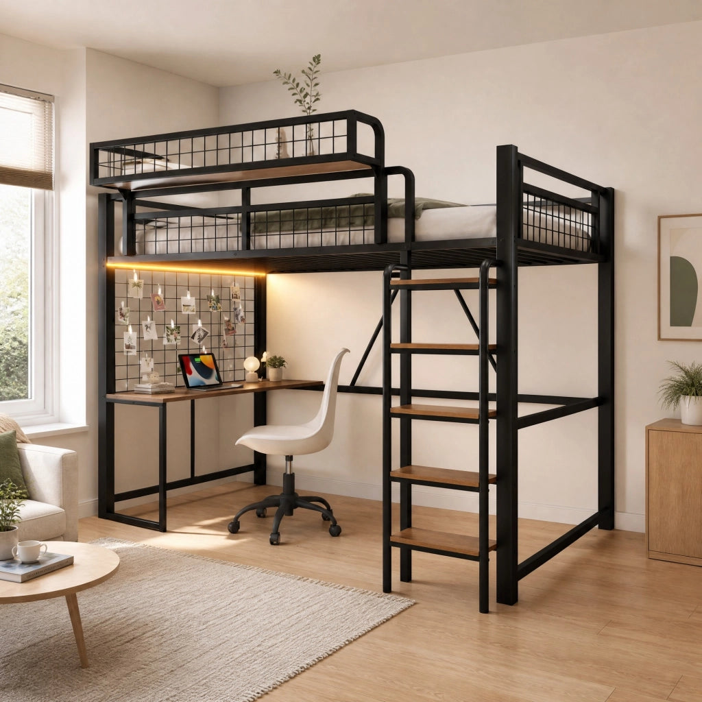 Letto a soppalco in metallo 90x200 cm con scrivania; LED; presa e scala; nero