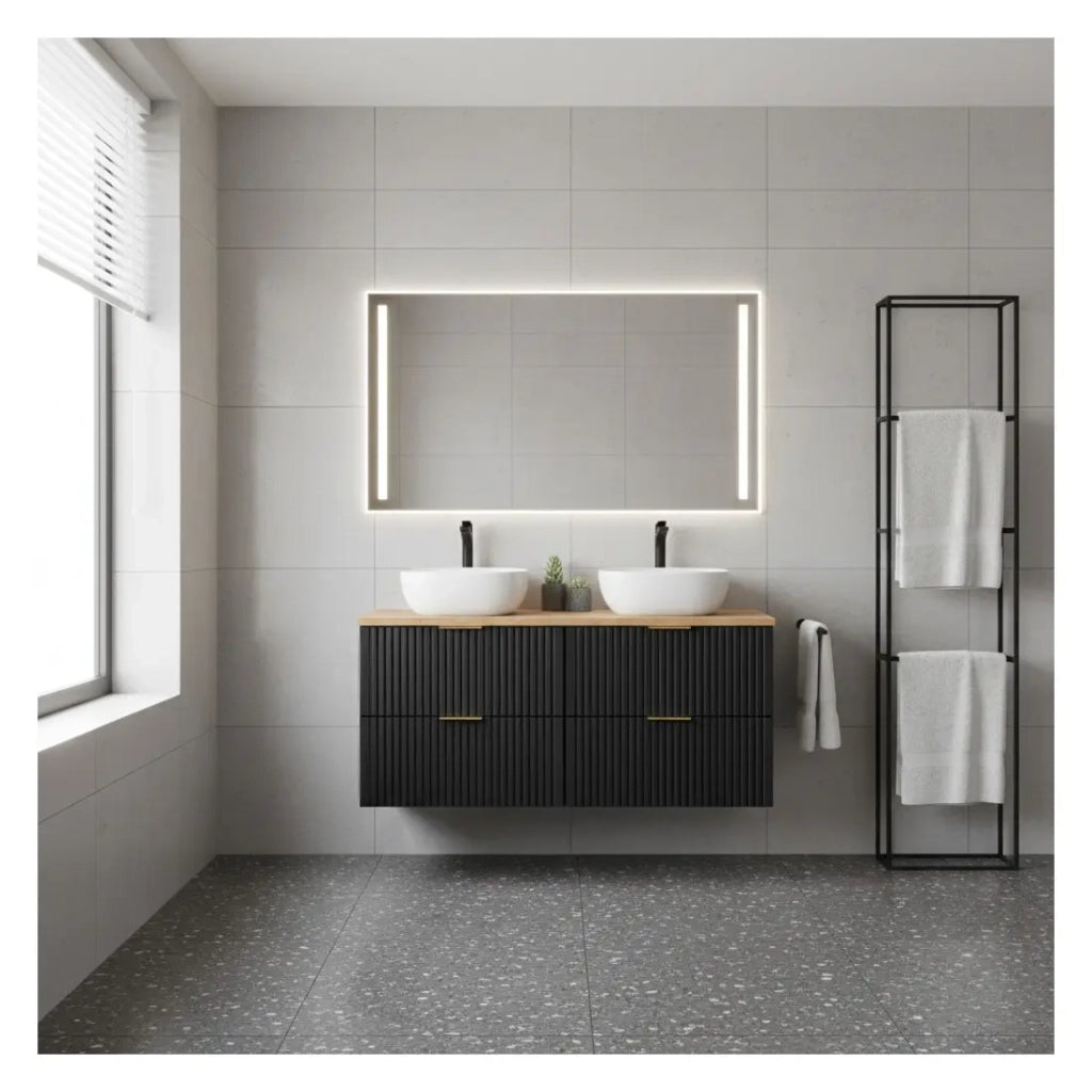Insieme mobile sotto lavabo NOXERA 140 cm – Nero opaco e rovere – 2 mobili + 2 nicchie + piano per lavabo