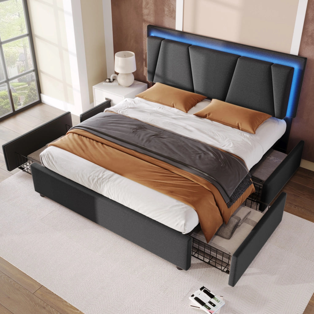 Letto matrimoniale 160 × 200 cm con LED, testiera regolabile e 4 cassetti, senza materasso, grigio