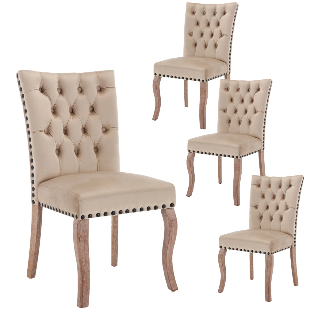 Sedia da Pranzo Imbottita in Velluto con Gambe in Legno Massello ¨C MINIMAL ¨C Cammello Chiaro, set 4 pezzi